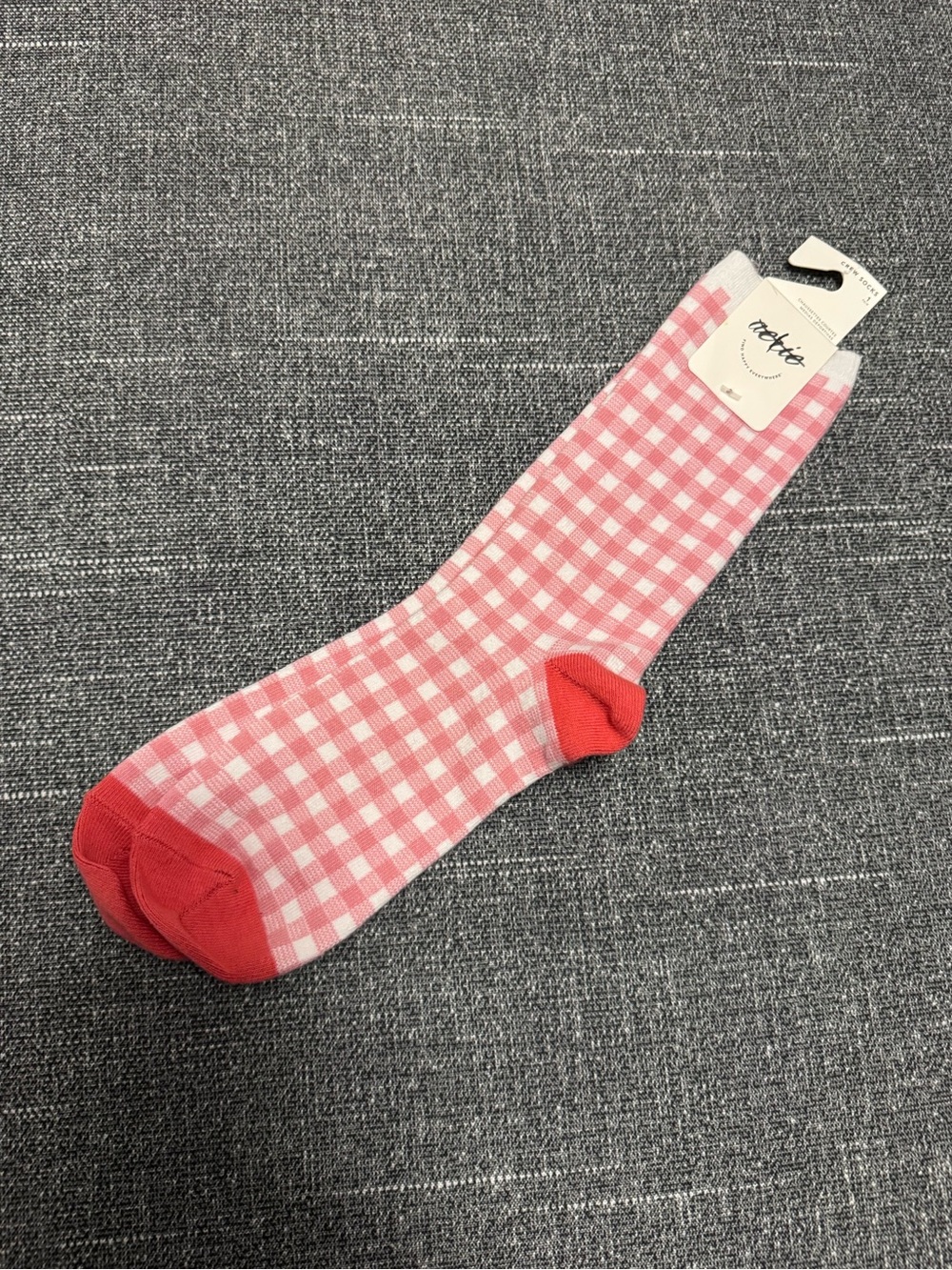 Aerie Pink Gingham Crew Socks with Red Toe and Heel